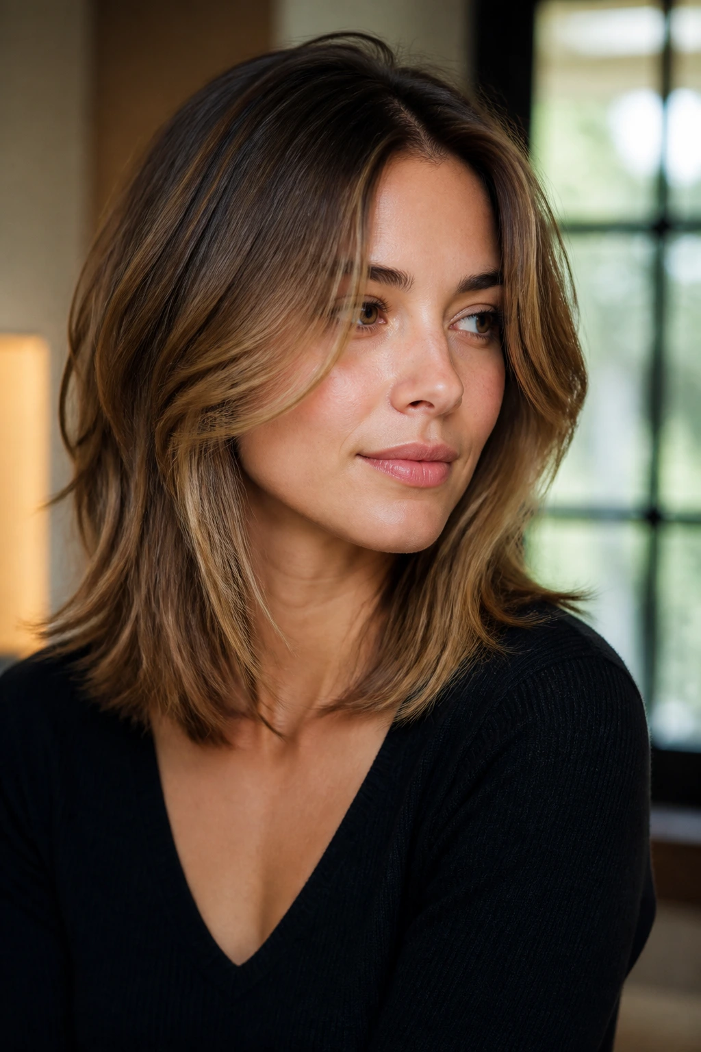 Close-up of a real woman with a shoulder-length layered lob in warm light