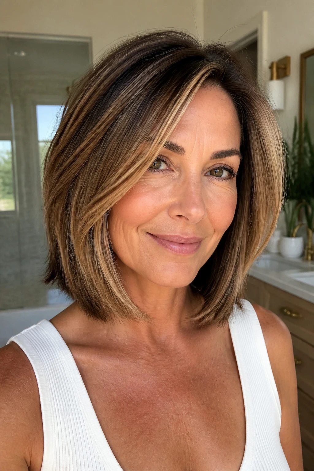 Portrait of a woman with a soft layered lob and caramel ribbons around the front.