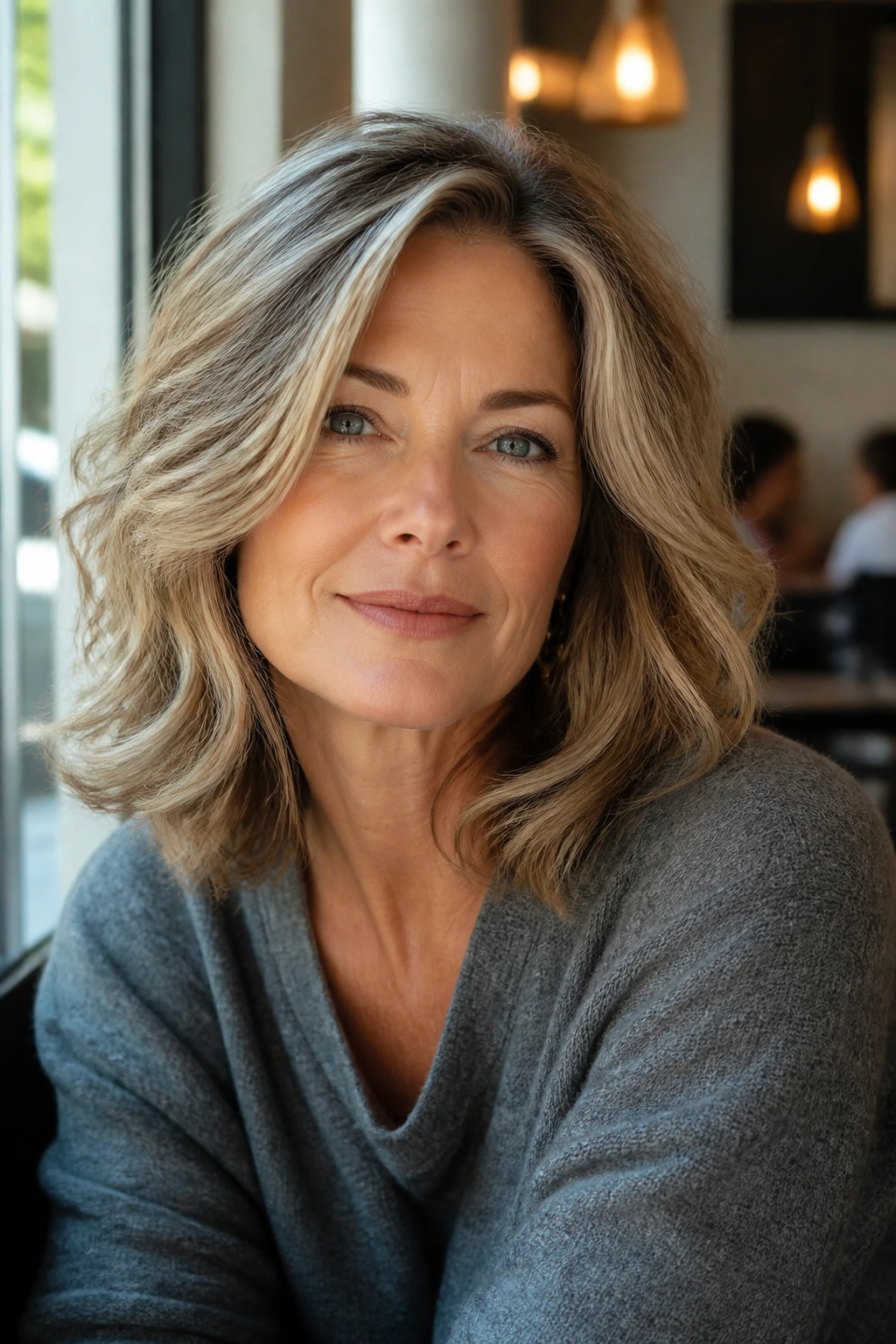 Close-up of a real woman with layered lob and bent ends.