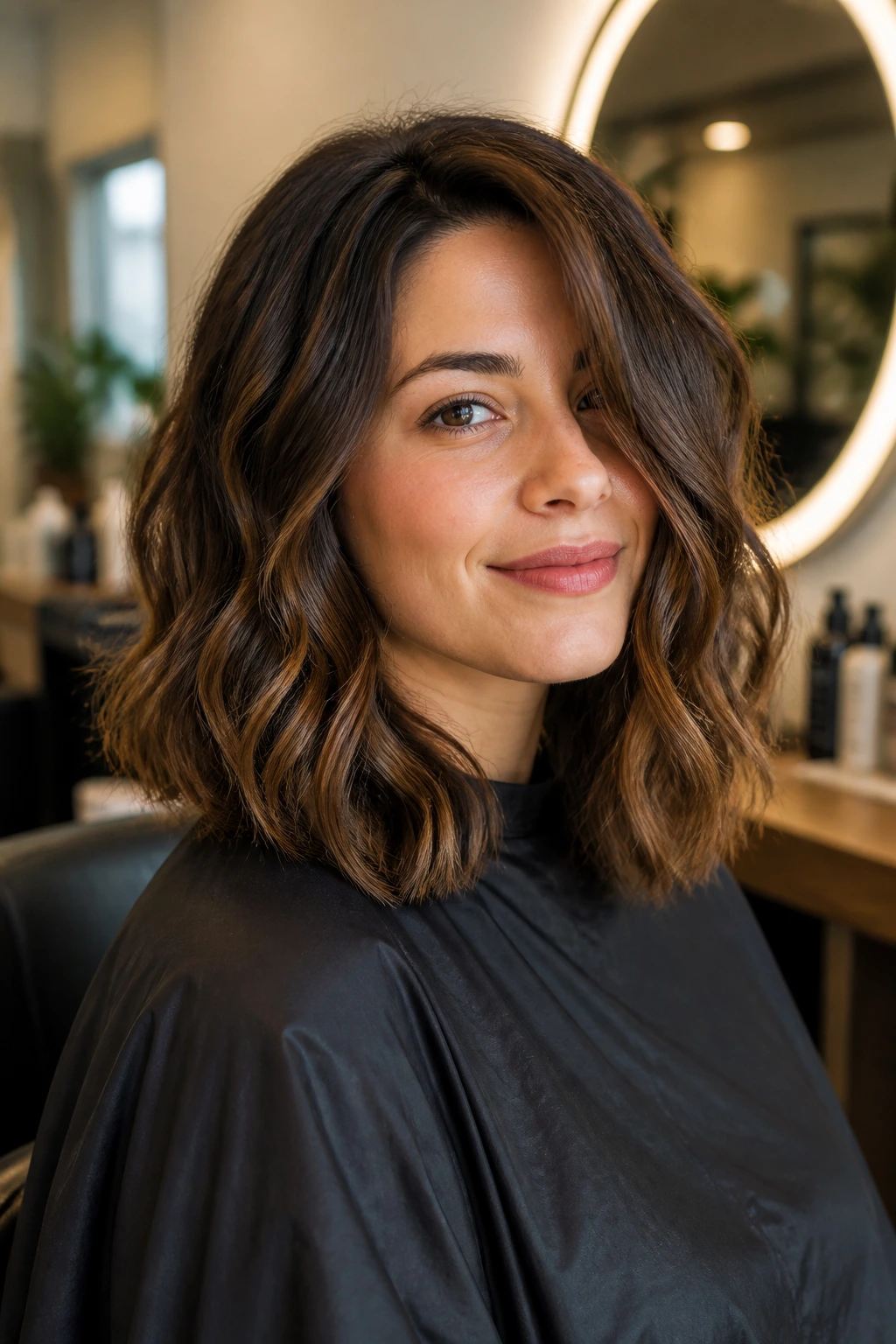 Close-up portrait of a woman with thick wavy lob hairstyle in a salon setting