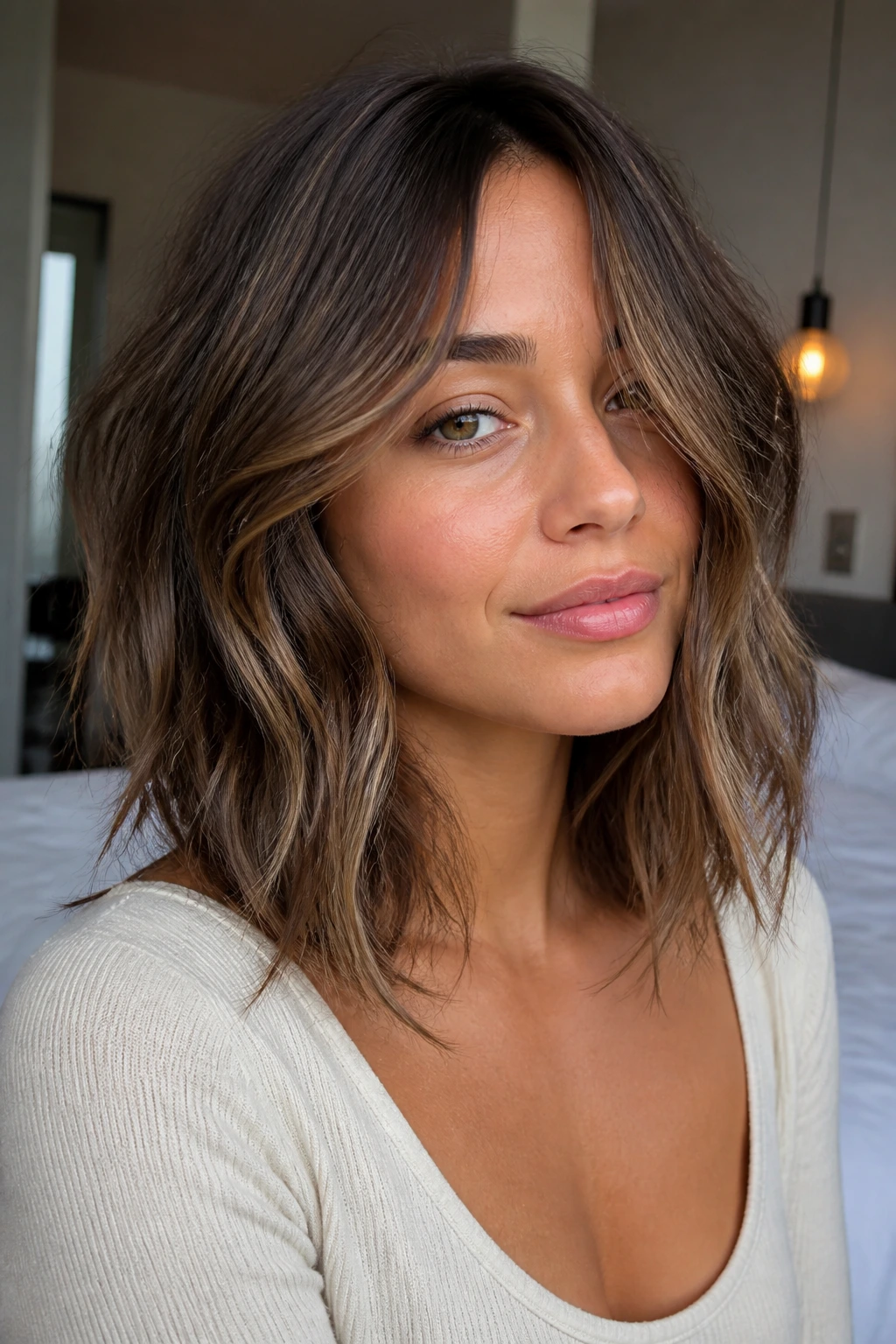 Close-up of a real woman with a tousled lob and long perimeter layers in natural light