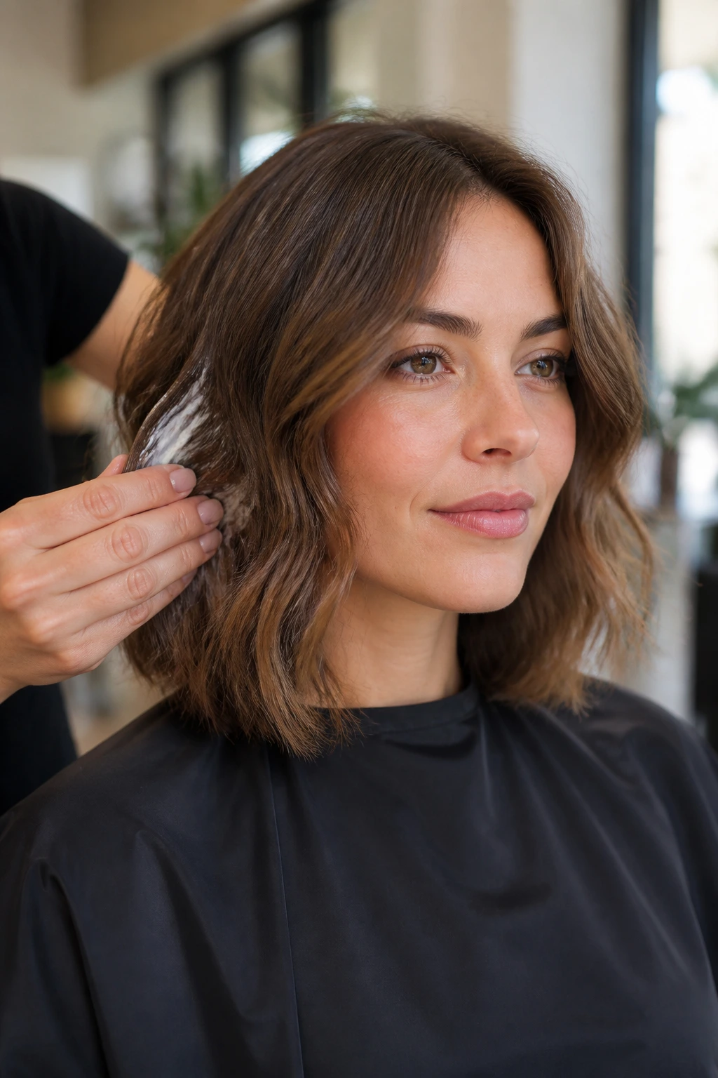 Portrait of a person with a soft lob while product is applied to mid-lengths.