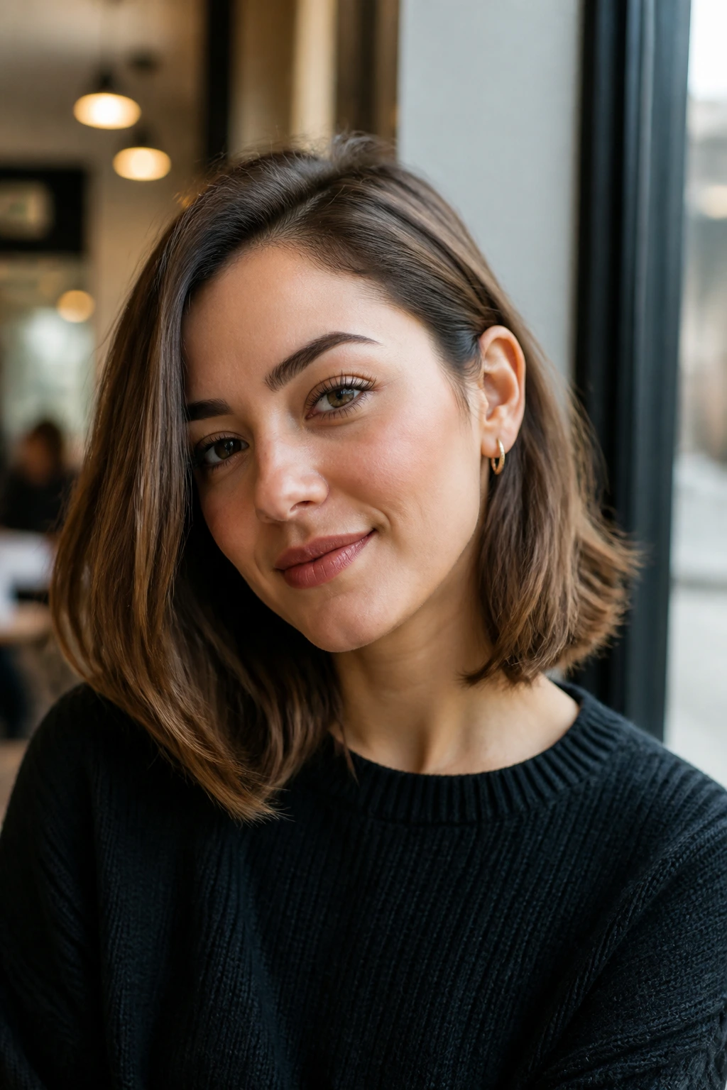 Portrait of a woman with hair tucked behind one ear showing a clean jawline