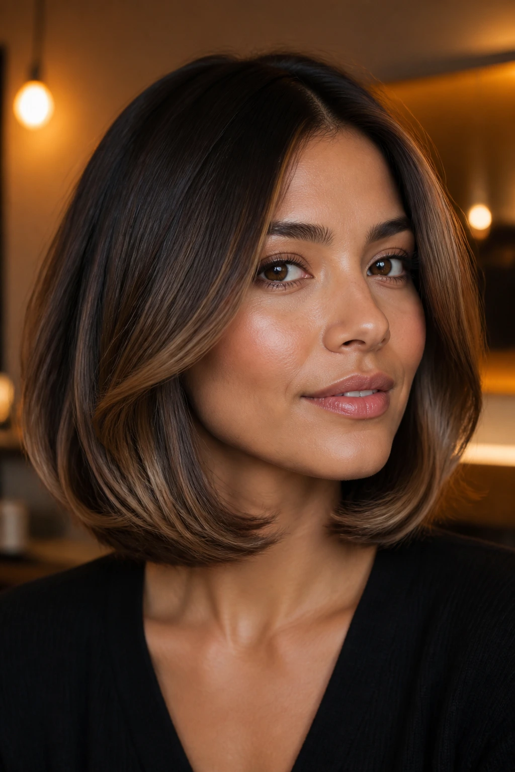 Close-up of a real person with curled-under lob and caramel ribbons through lower half