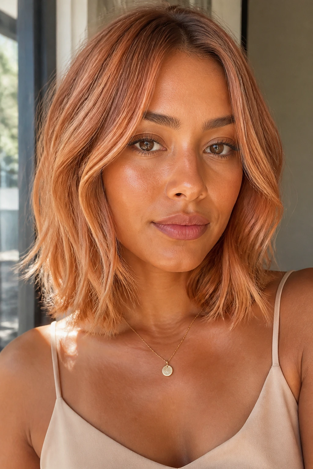 Close-up of a real woman with a bright lob and buttered copper finish on tan skin.