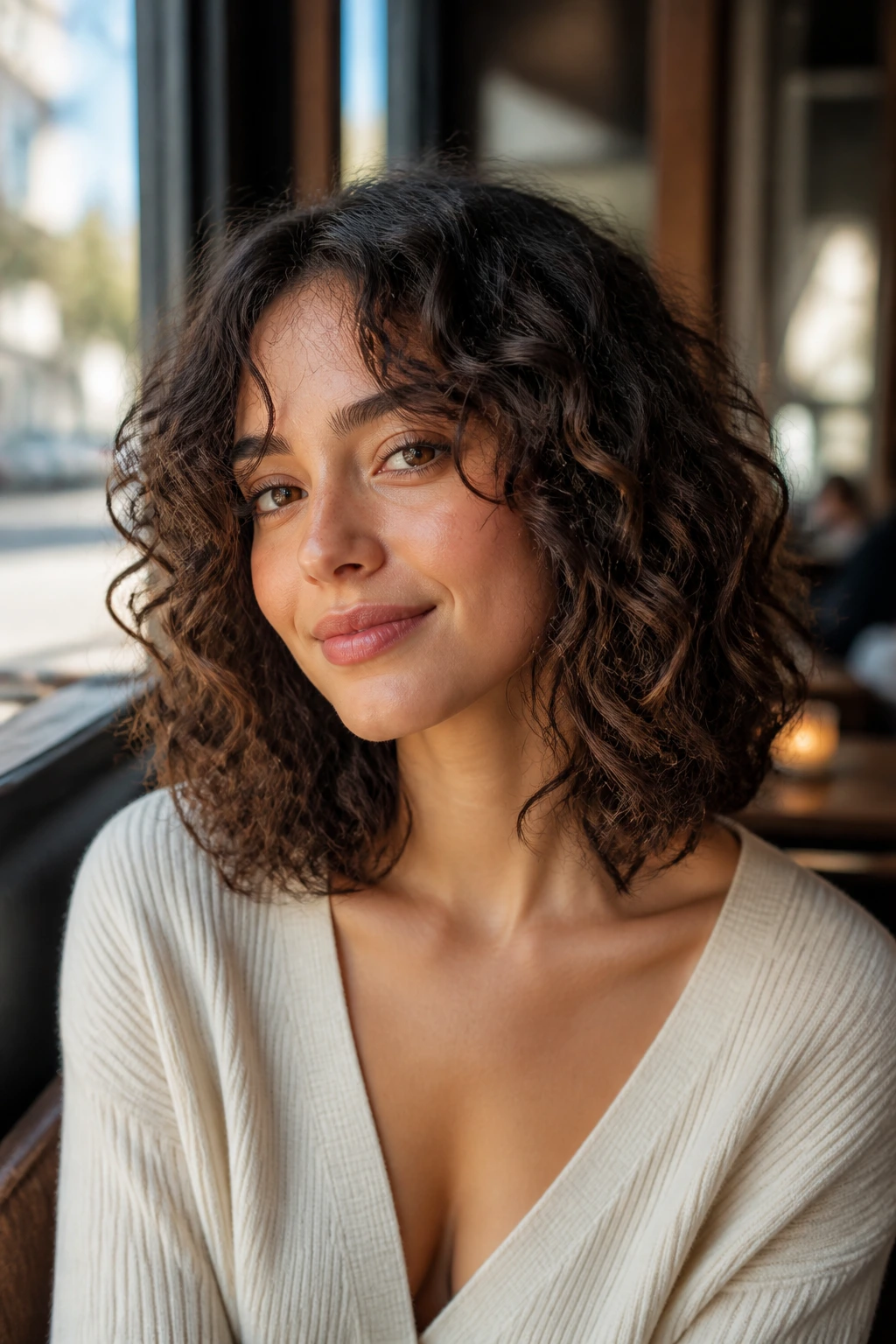 Portrait of a person with a shoulder-length lob hairstyle, soft curls and face-framing pieces.