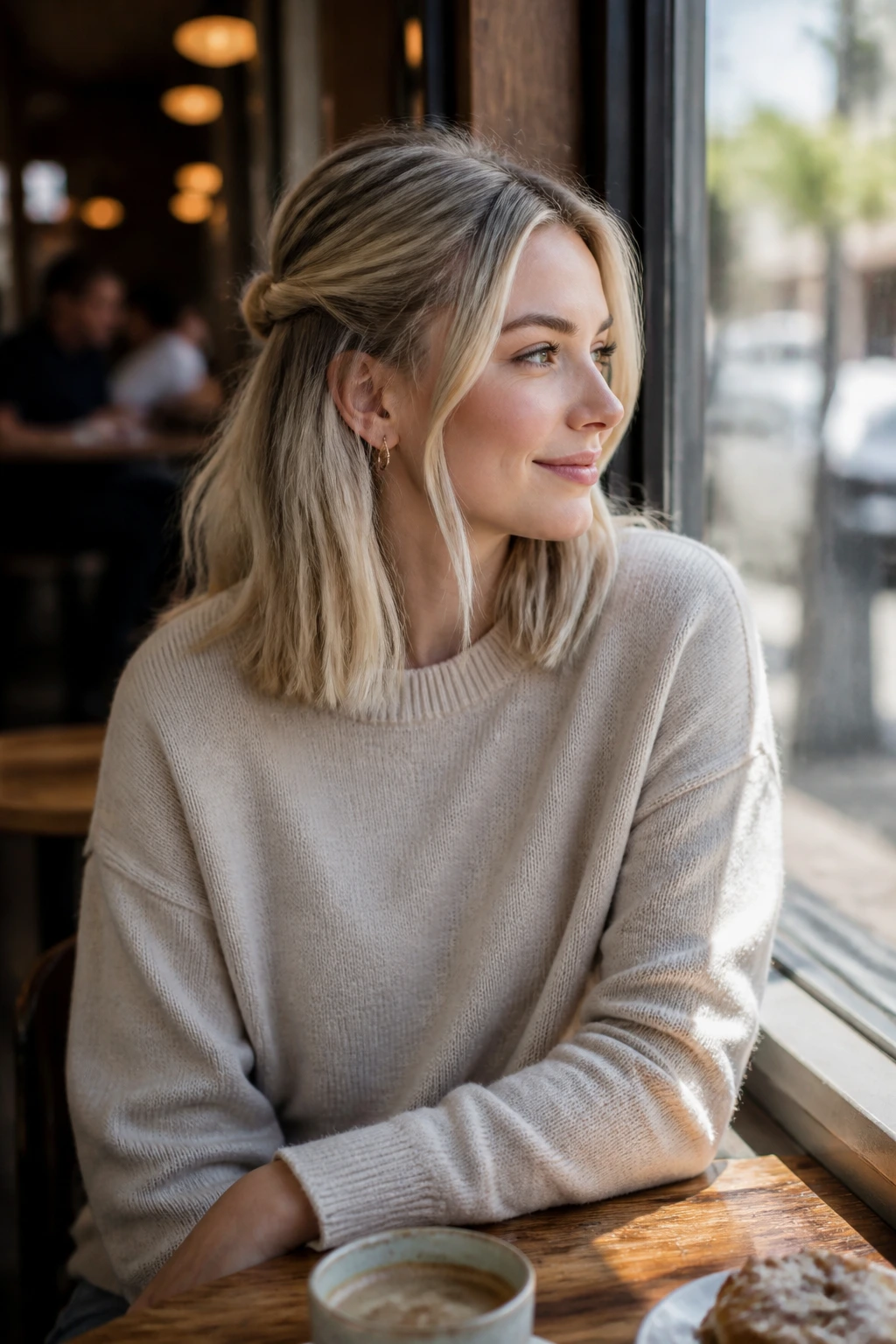 Portrait of a real person with a lob hairstyle and half-up twist in a cafe setting