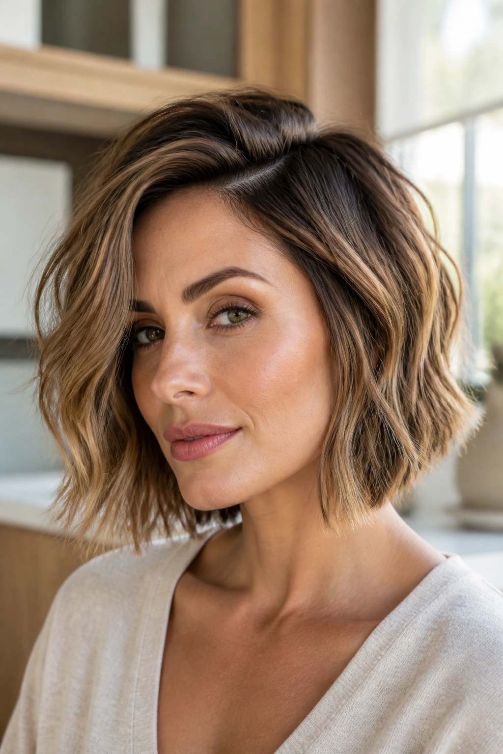 Real woman with a lob and side part, broken-up textured ends.
