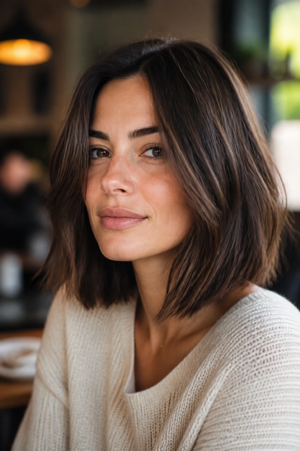 Portrait showing a collarbone-length low-maintenance lob with soft layers in a cafe setting
