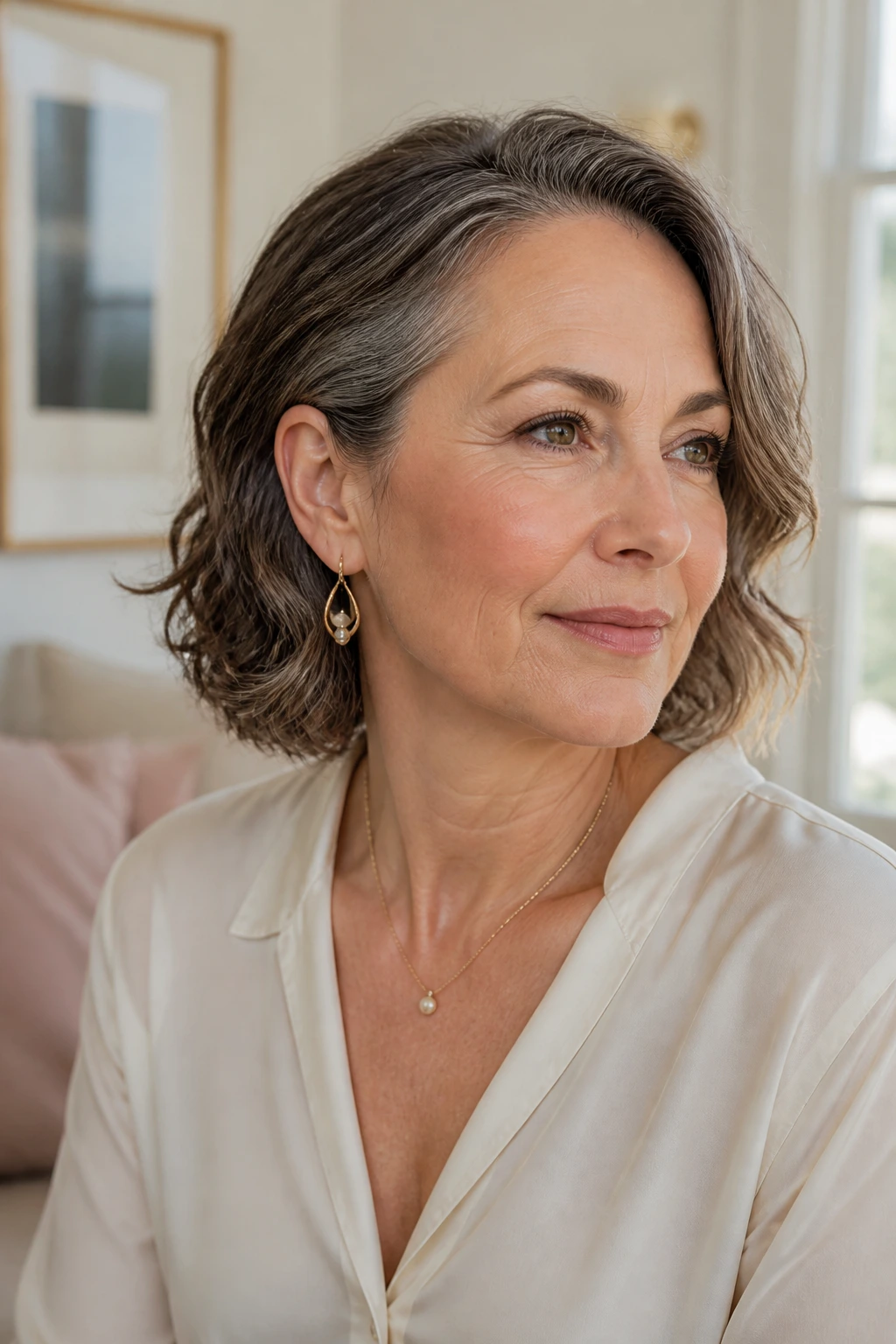 Medium close-up of a real woman with a tucked-behind-the-ear lob hairstyle on wavy hair