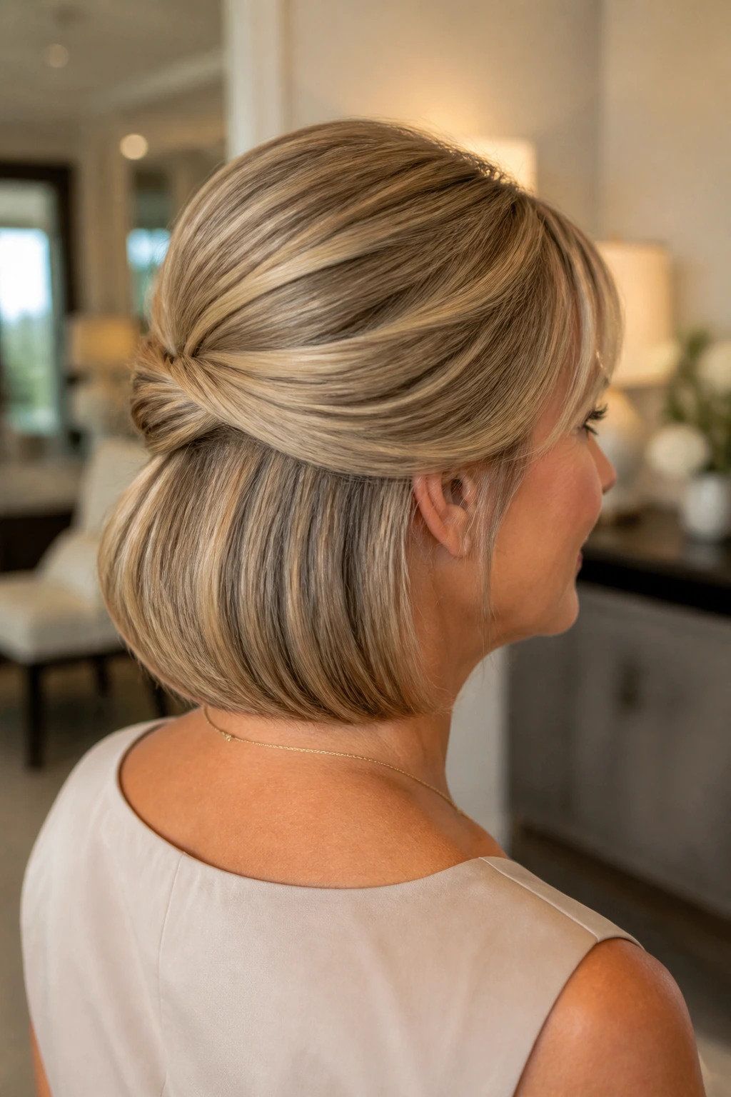 Close-up of lob-length half-up with tucked ends on a real woman