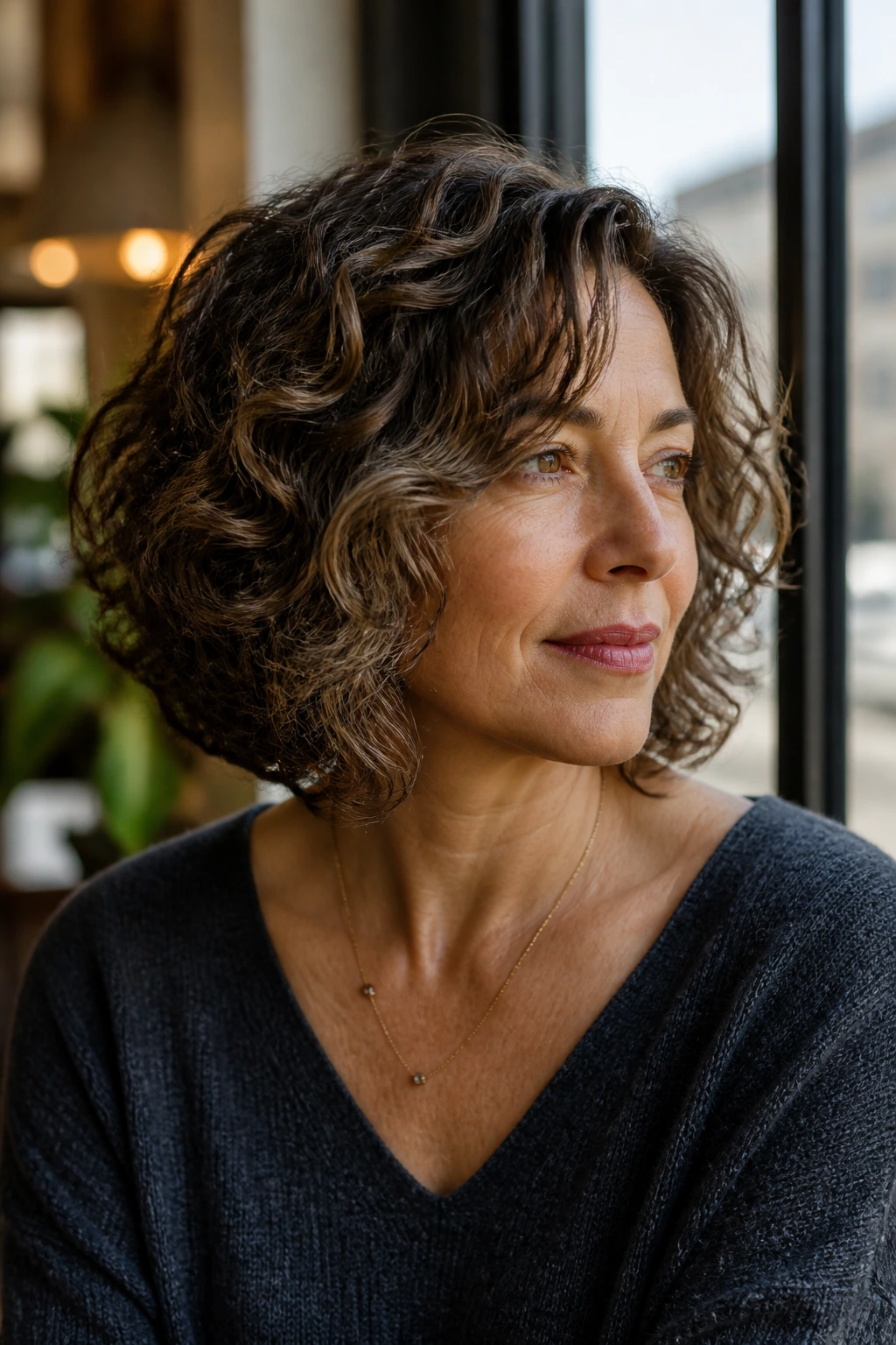 Portrait of a real woman with a sculpted lob and internal layers in cafe daylight