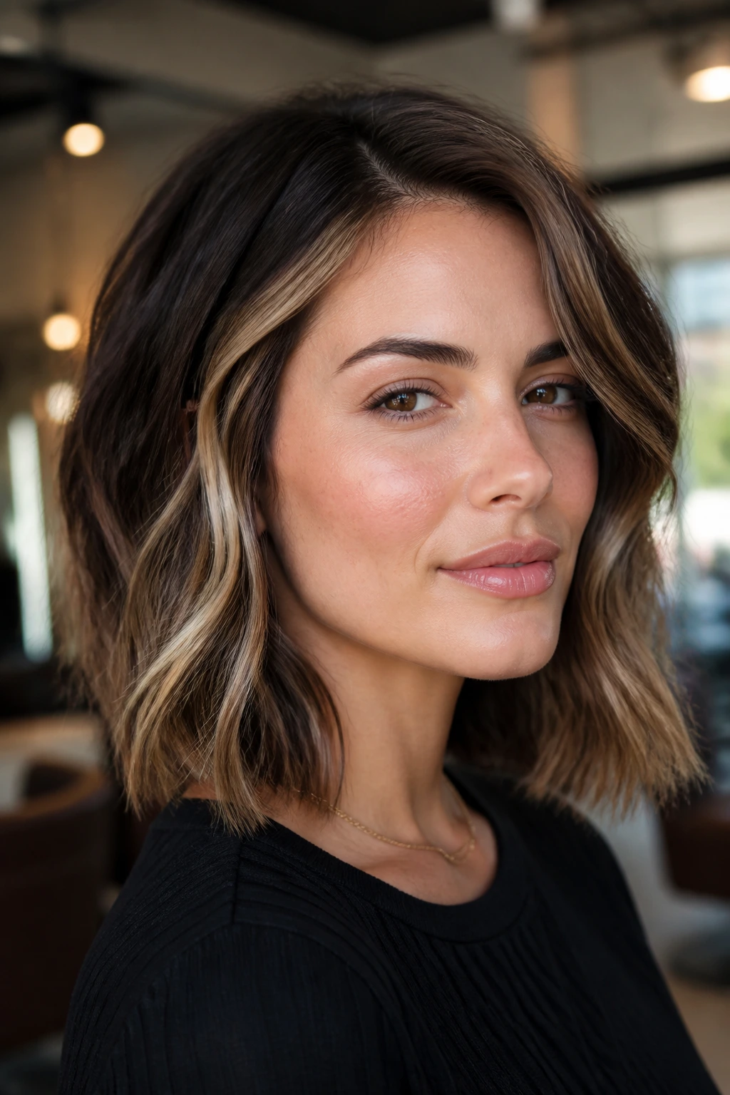 Portrait of a woman with a wavy lob, side part, jawline-softening layers and money piece.