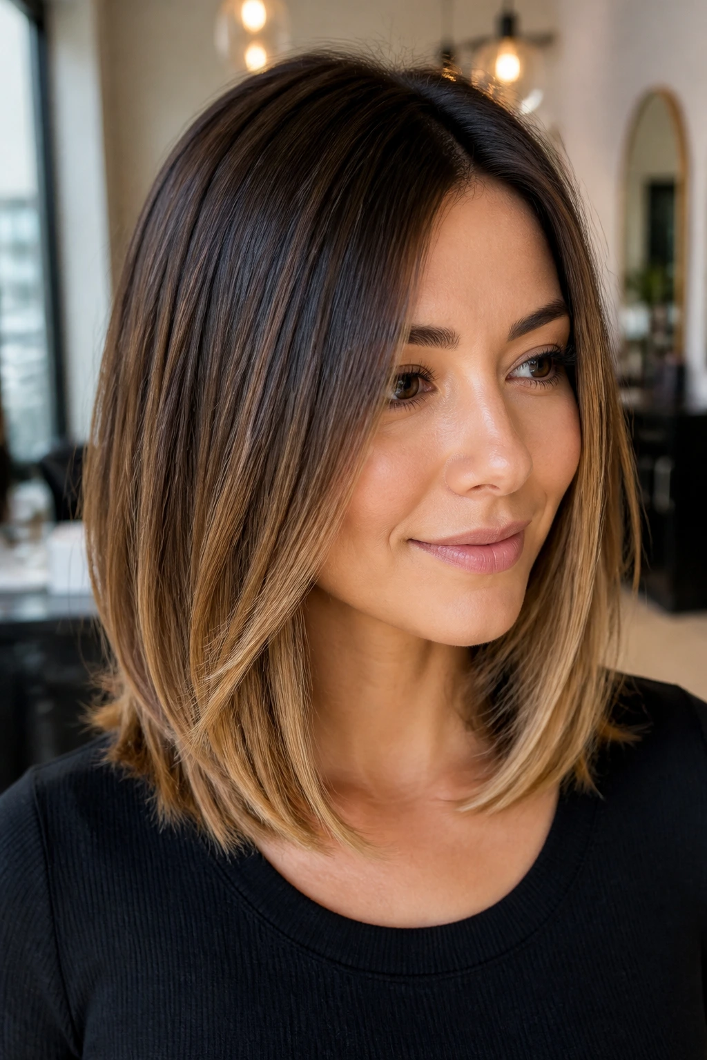Close-up portrait of a real woman with a sleek layered lob and soft balayage ends.