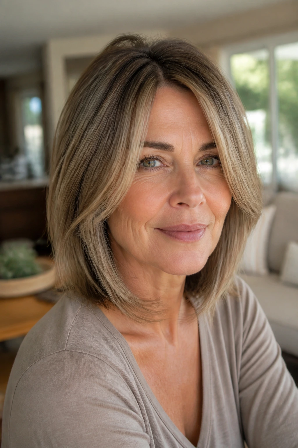Close-up portrait of a real woman with lob layers framing her face in warm window light.