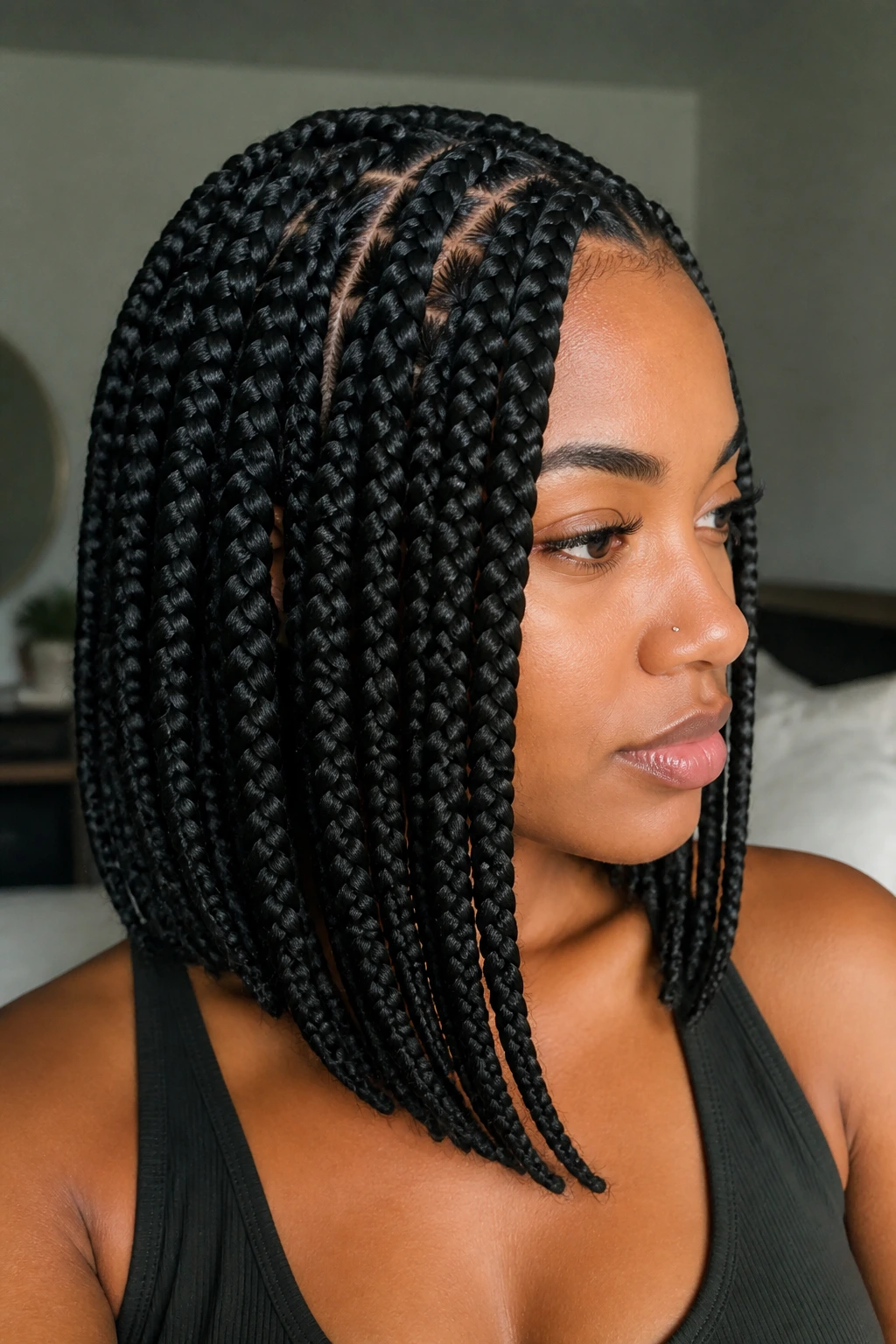 Close-up of a woman with lob-length jumbo box braids and a crisp front angle framing the jaw.