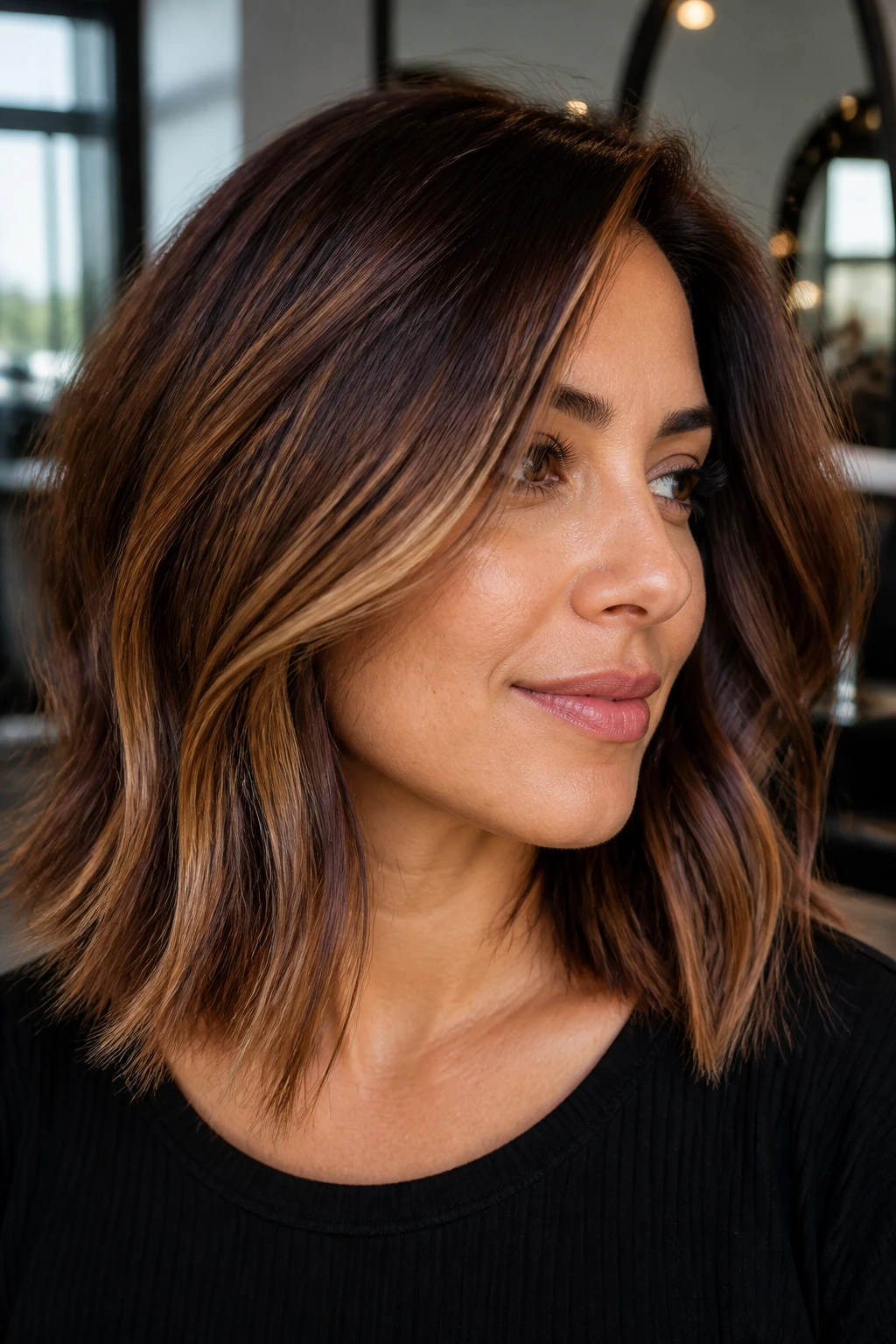 Close-up of thick lob with chestnut lowlights and caramel contrast in natural light