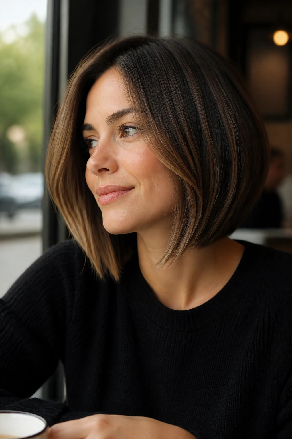 Portrait of real woman with lob-length inverted bob grazing the collarbone.