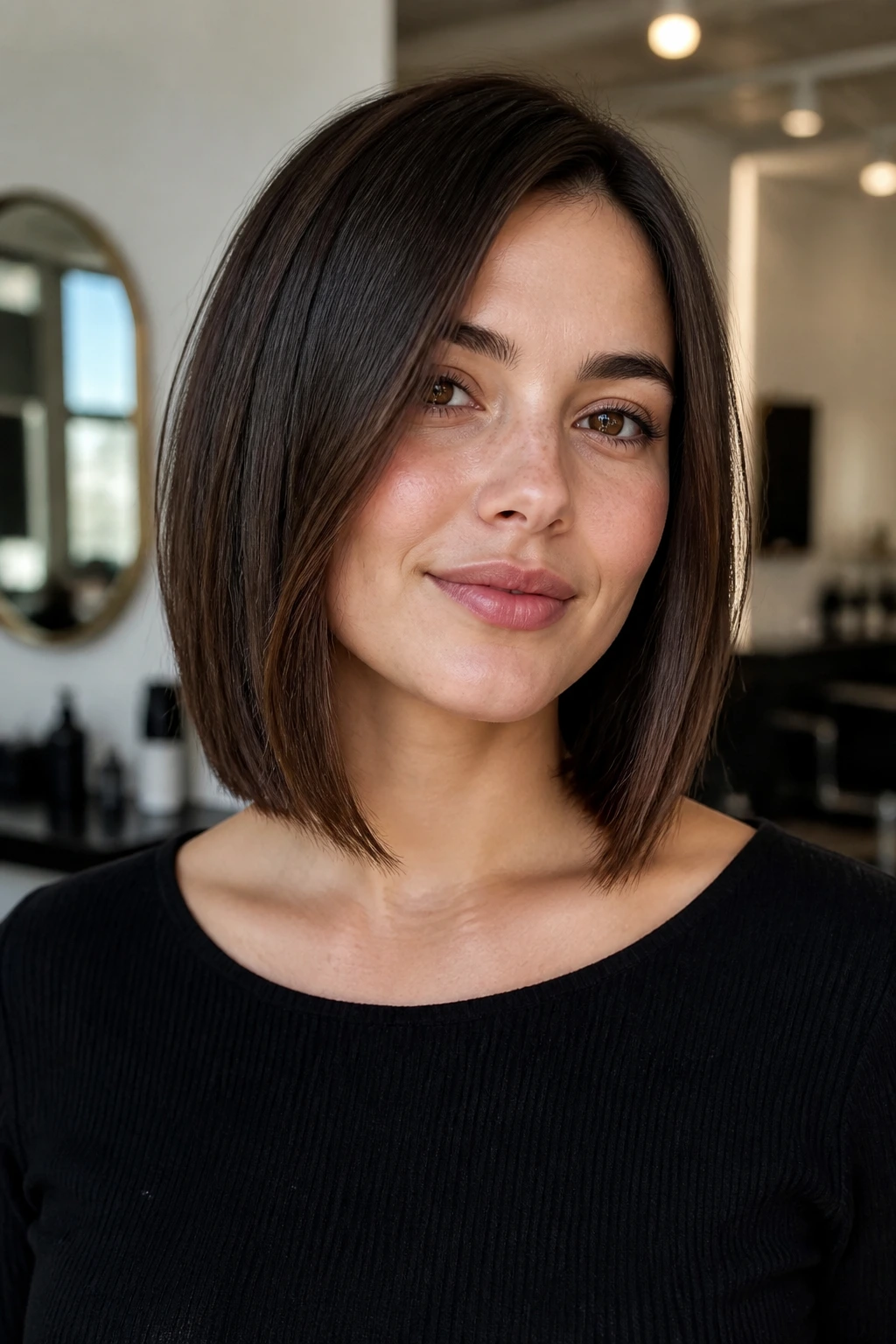 Real woman with collarbone-length lob skimming past cheekbones in a bright salon.