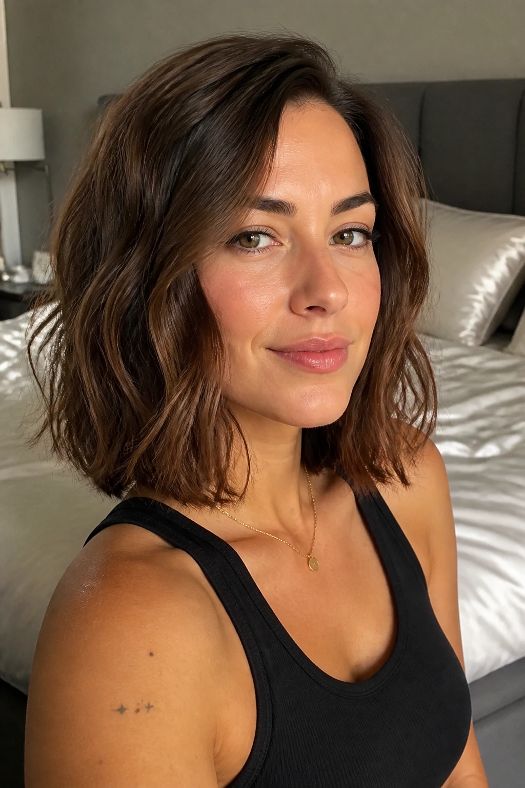 Portrait of a woman with a fresh collarbone-length lob and clean perimeter in a cozy bedroom setting.