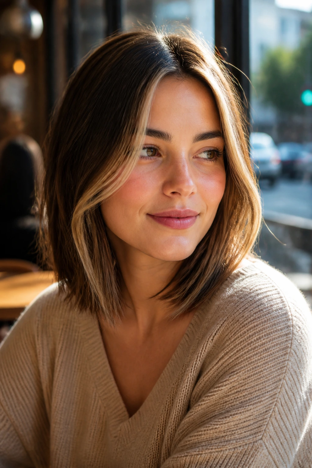 Portrait of woman with lob and light money piece framing cheeks on a round face