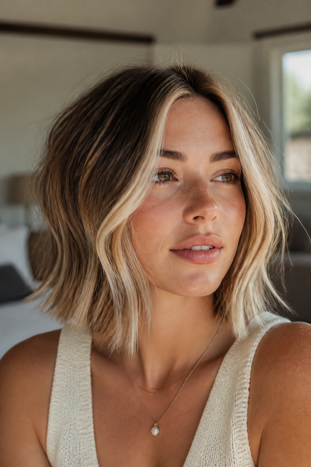 Close-up portrait of a real woman with a lob and money piece highlighting the jawline under warm window light