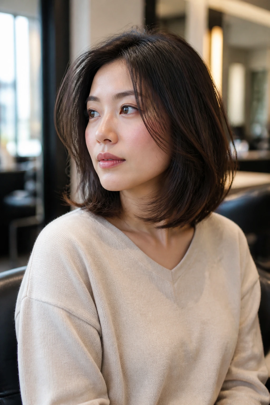 Thoughtful real woman in a salon chair with a soft, voluminous lob.