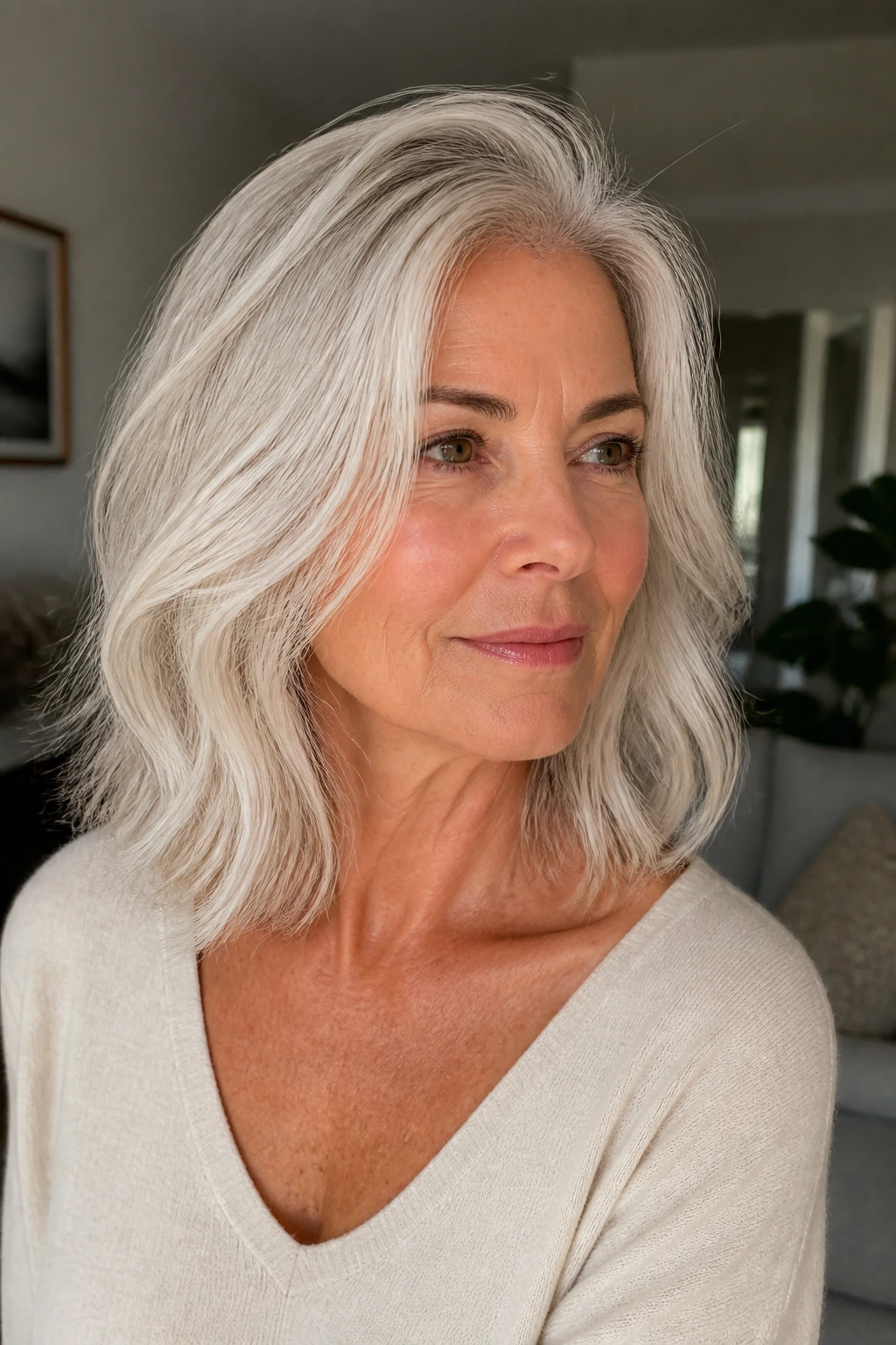 Close-up portrait of a real woman with an airy lob and root lift.
