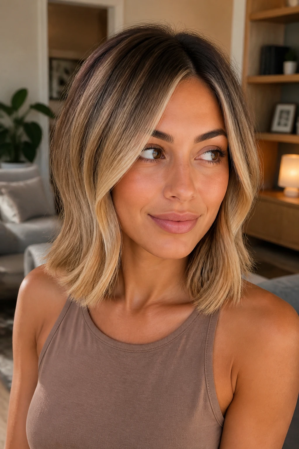 Real woman with rooted honey blonde lob