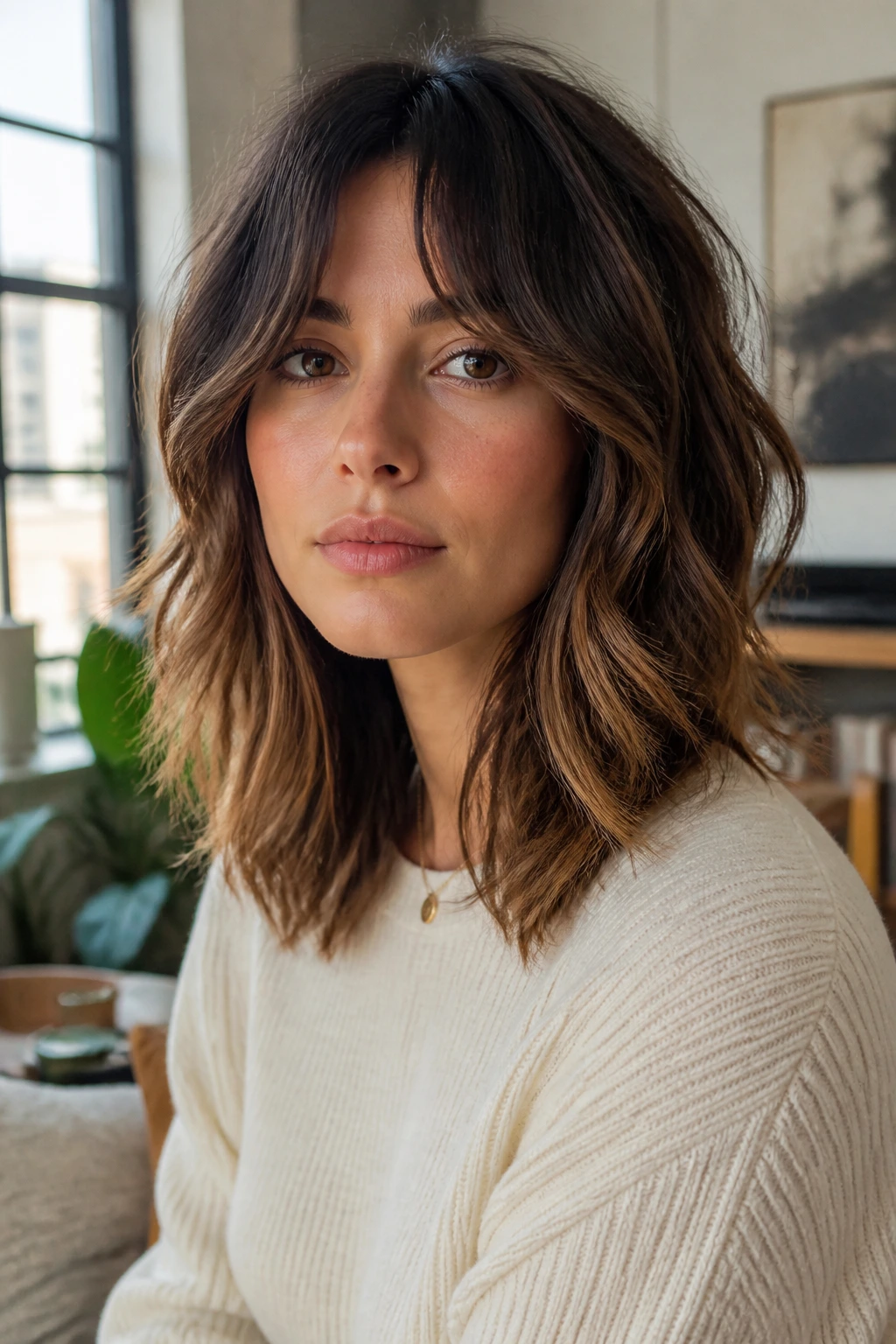 Portrait of a woman with a long lob/shag and curtain bangs, waves framing her face