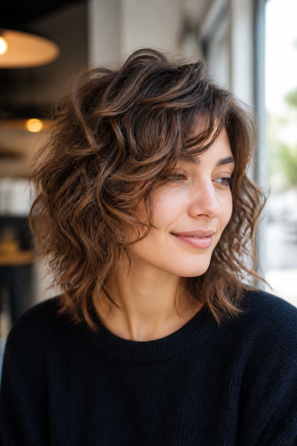 Medium close-up of a real woman with a piecey lob shag and off-center part.