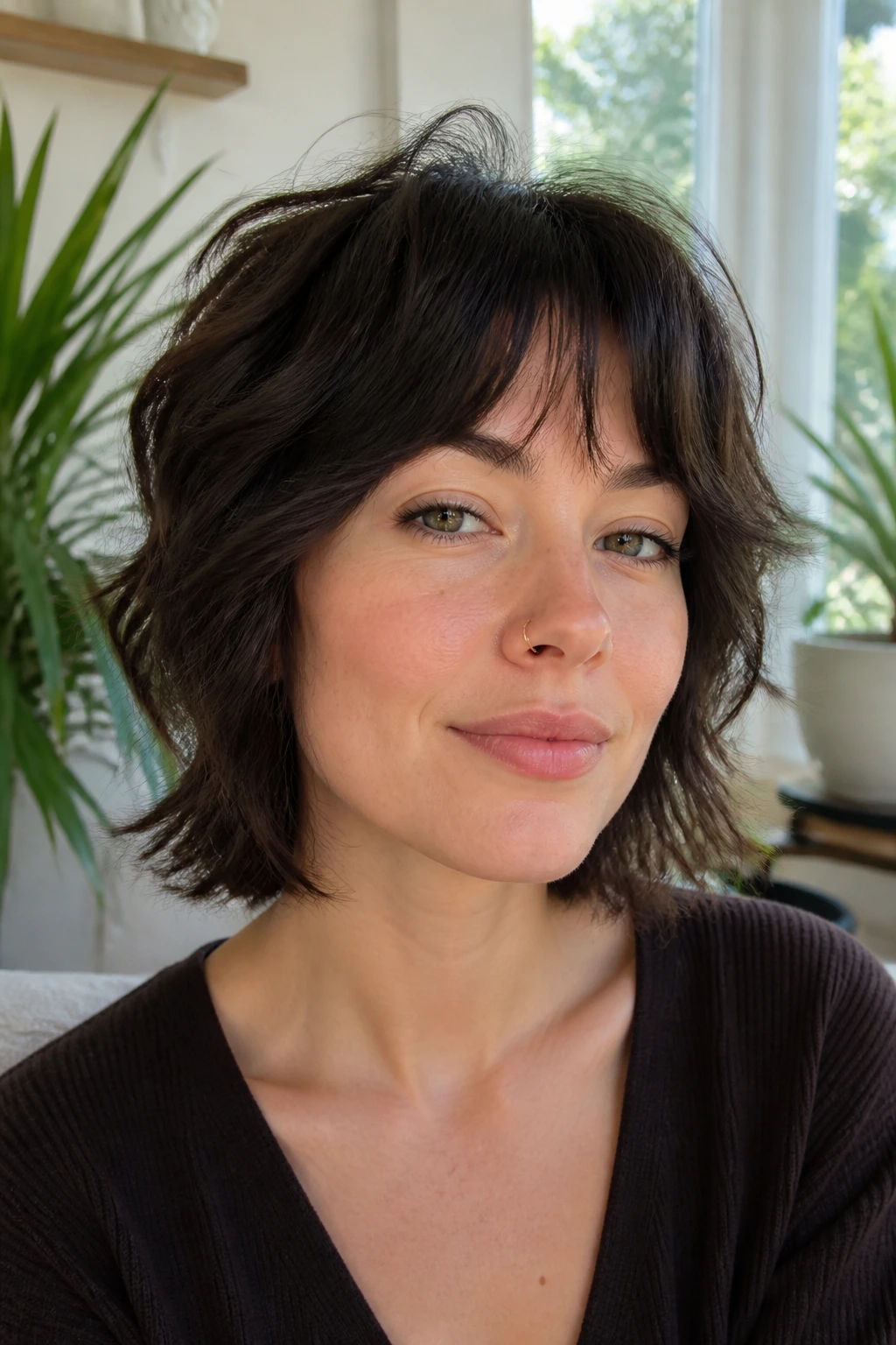Portrait of a person with fluffed-out lob shag and short front layers
