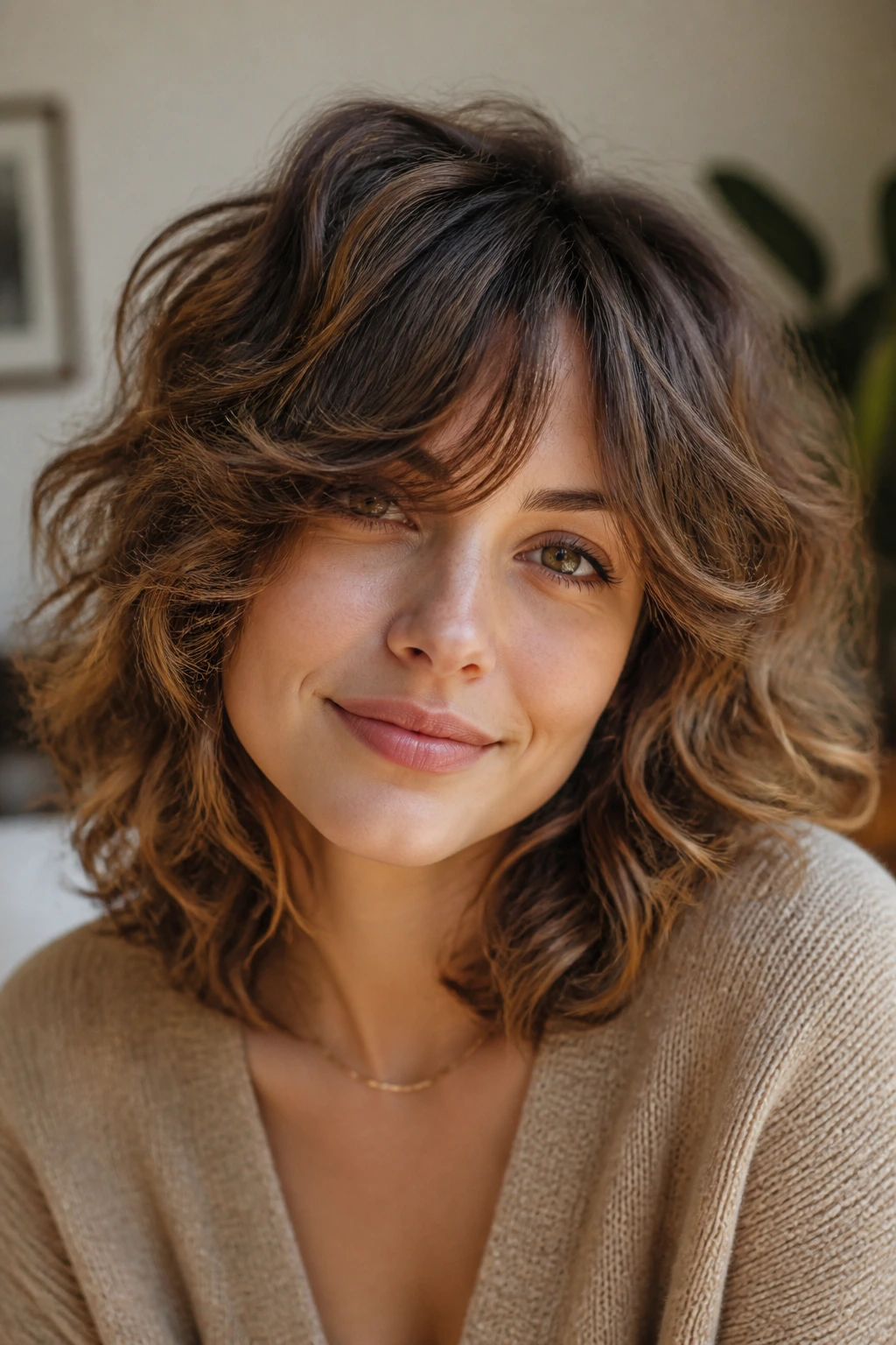Portrait of a person with lob shag and side-swept bangs