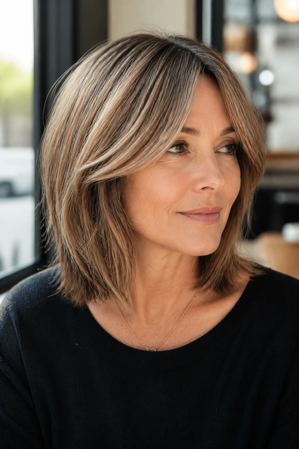 Close-up portrait of a woman with a sleek lob shag and side-parted curtain bangs