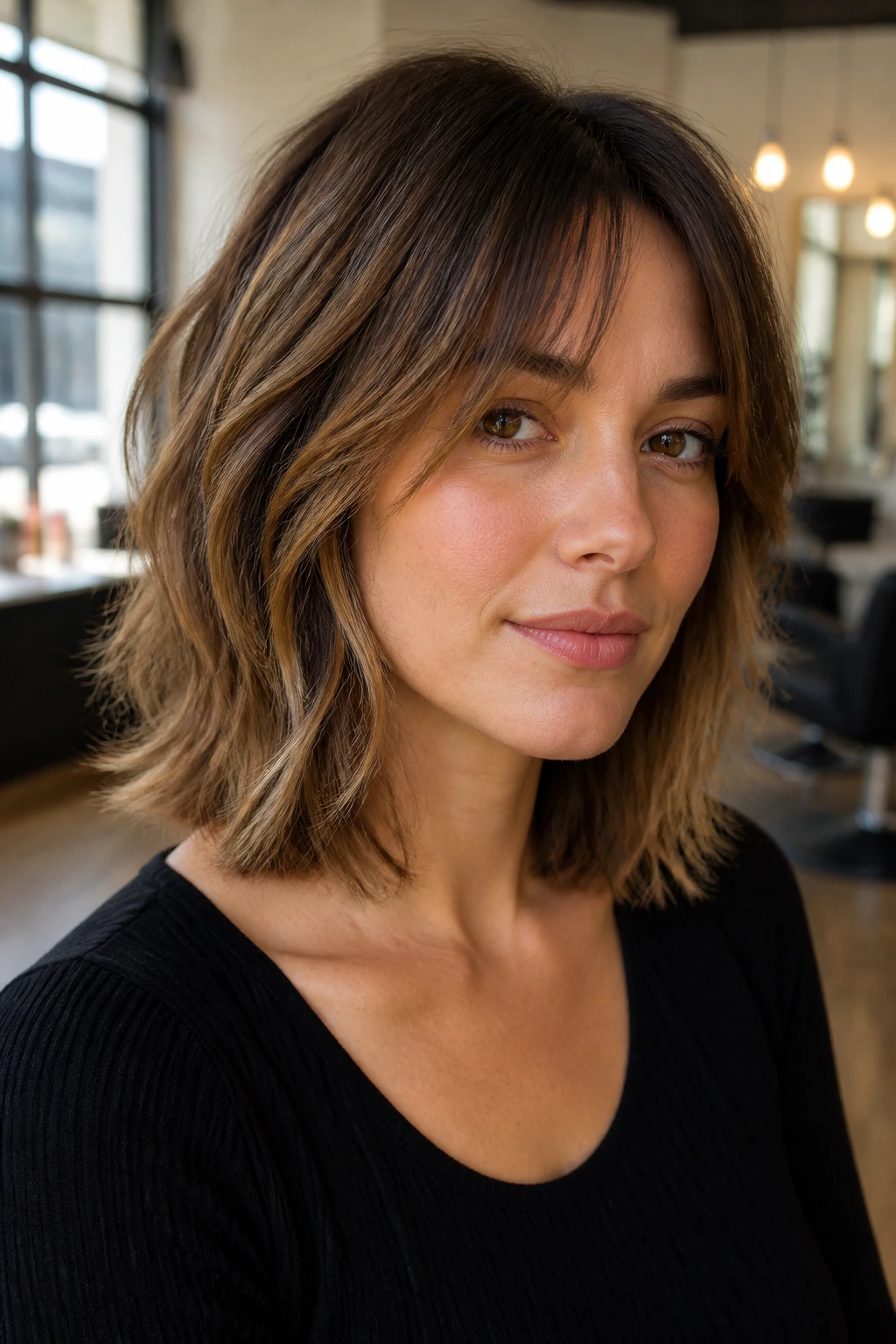 Close-up portrait of a real woman with lob-to-shag hairstyle in warm salon lighting