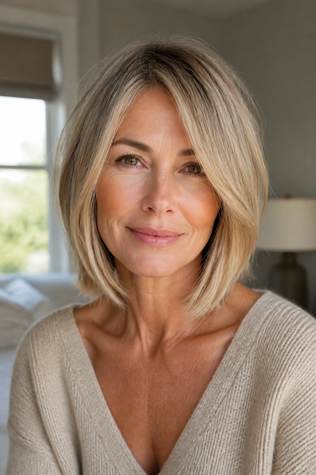 Close-up of a woman showing a clear lob shape with hair framing the face