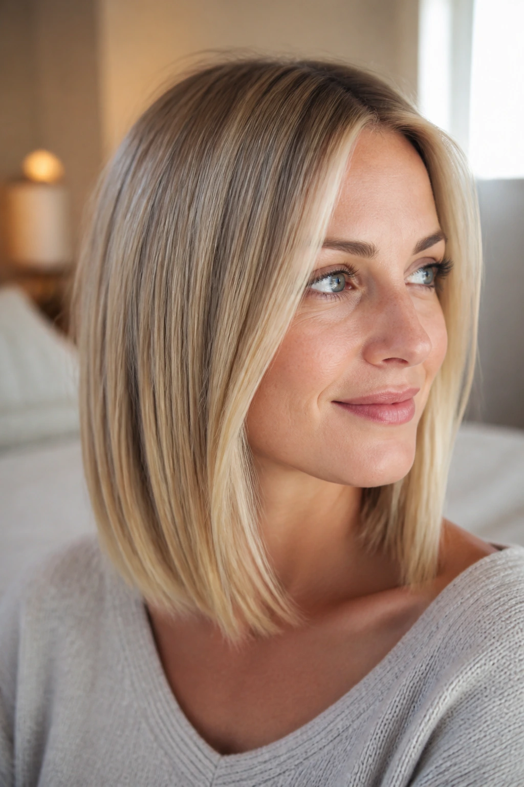 Close-up portrait showing a long bob with a clean shape and minimal layering.