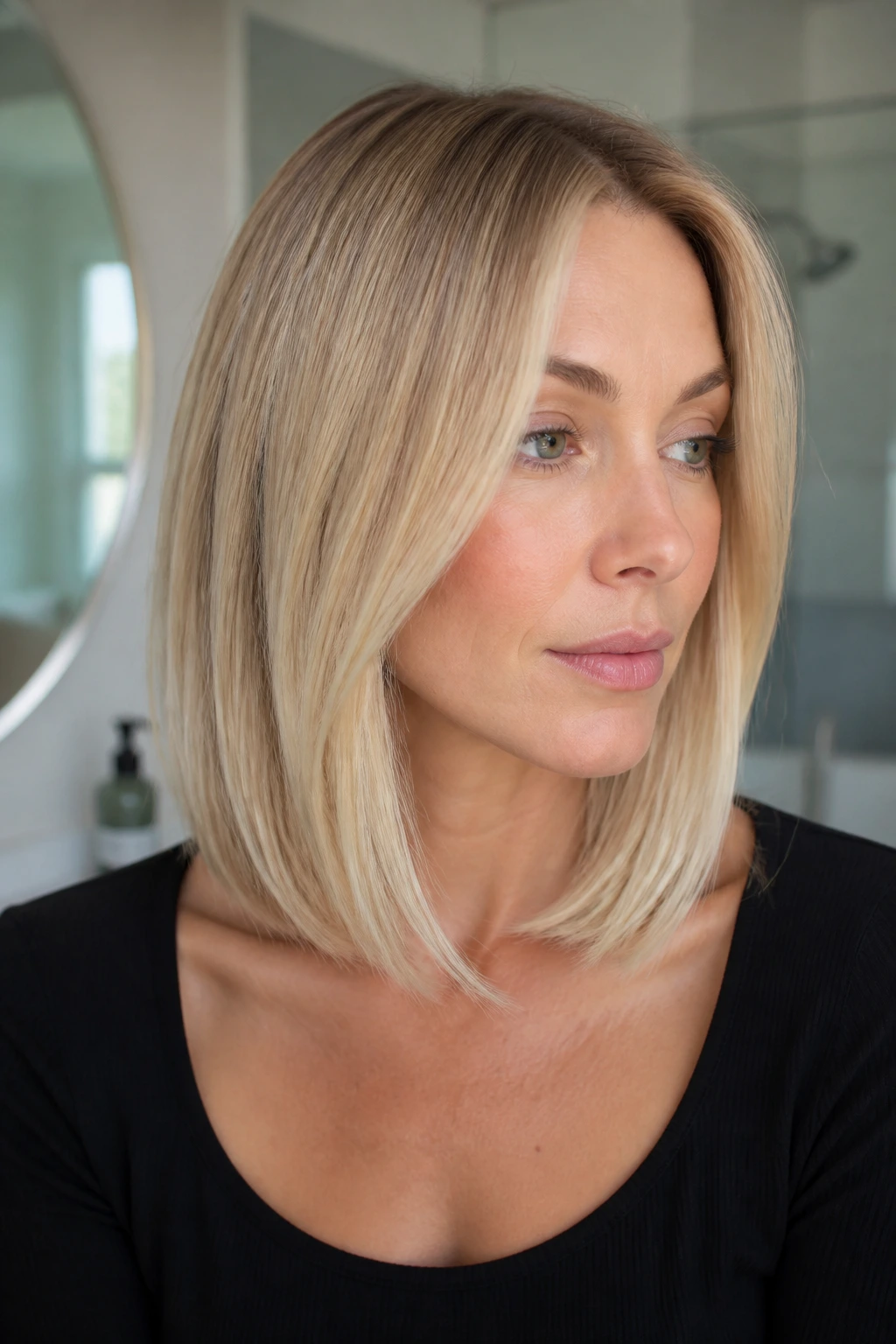 Medium close-up of a blonde lob with a clean perimeter and subtle root shadow