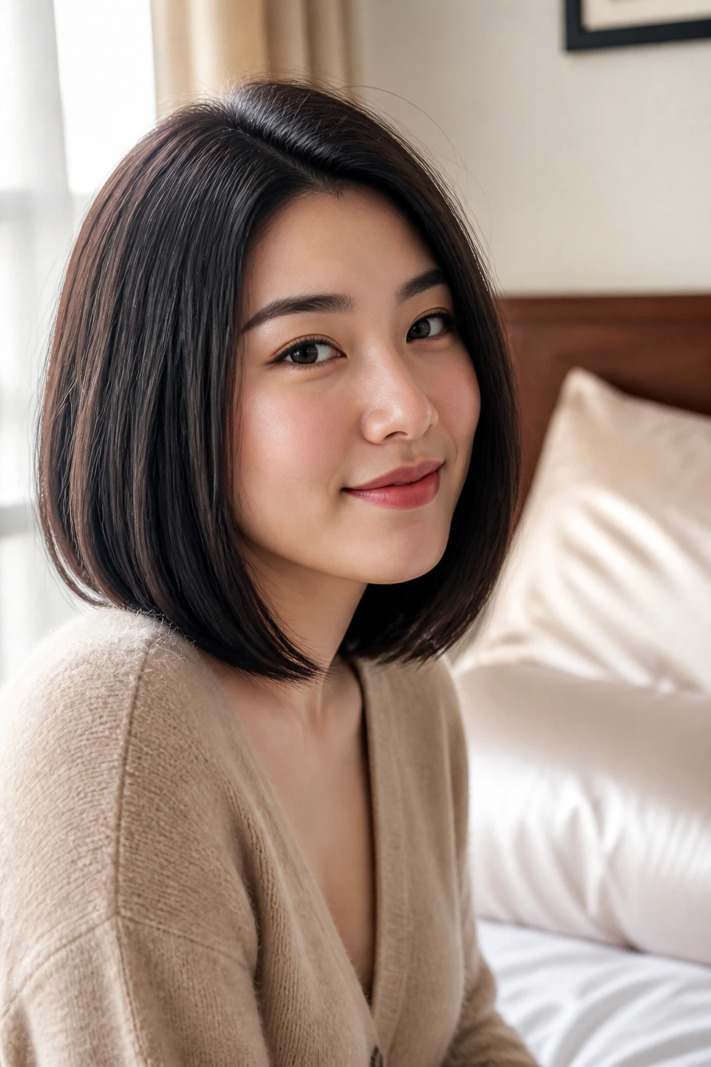 Close-up of a real woman with a sleek lob in a softly lit bedroom.