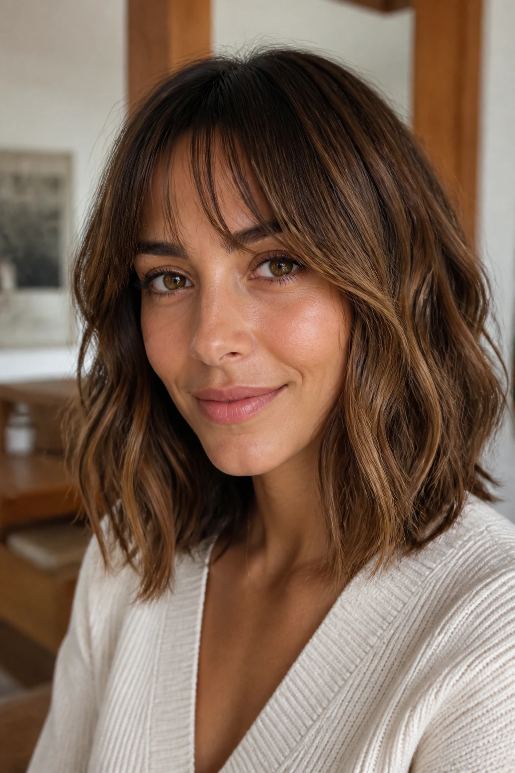 Close-up portrait of a real woman with lob shapes framing the face.