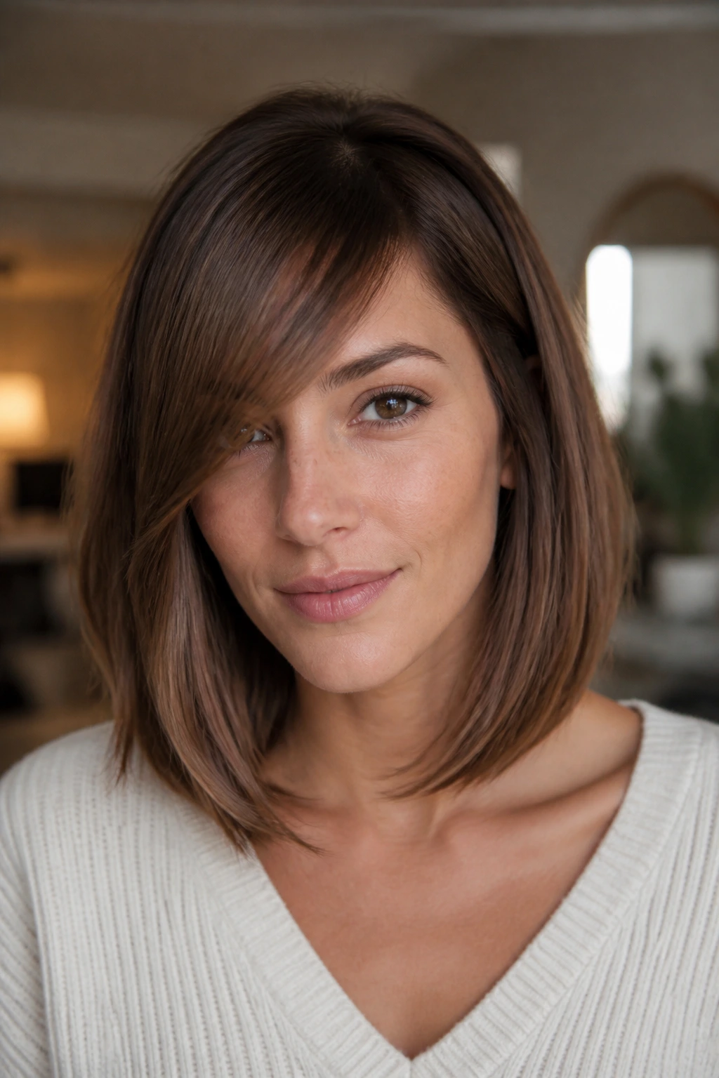 Close-up of a real woman with a collarbone-length lob and side fringe in warm light