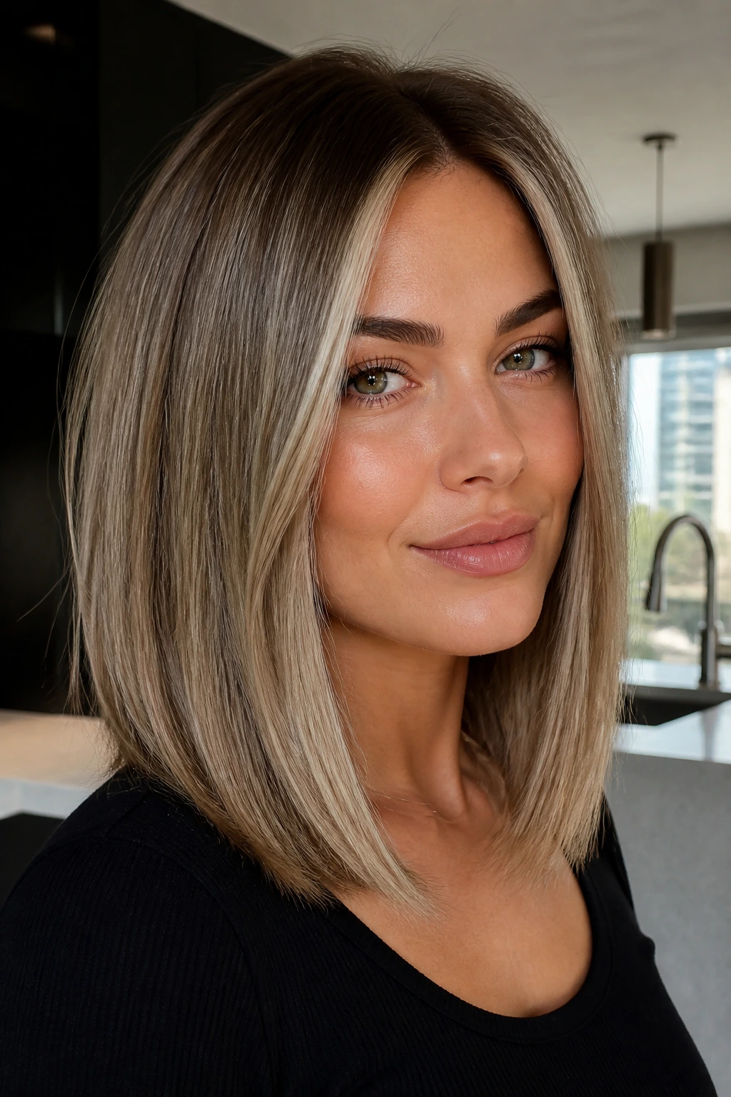 Real woman long bob with smoky beige face frame in natural light