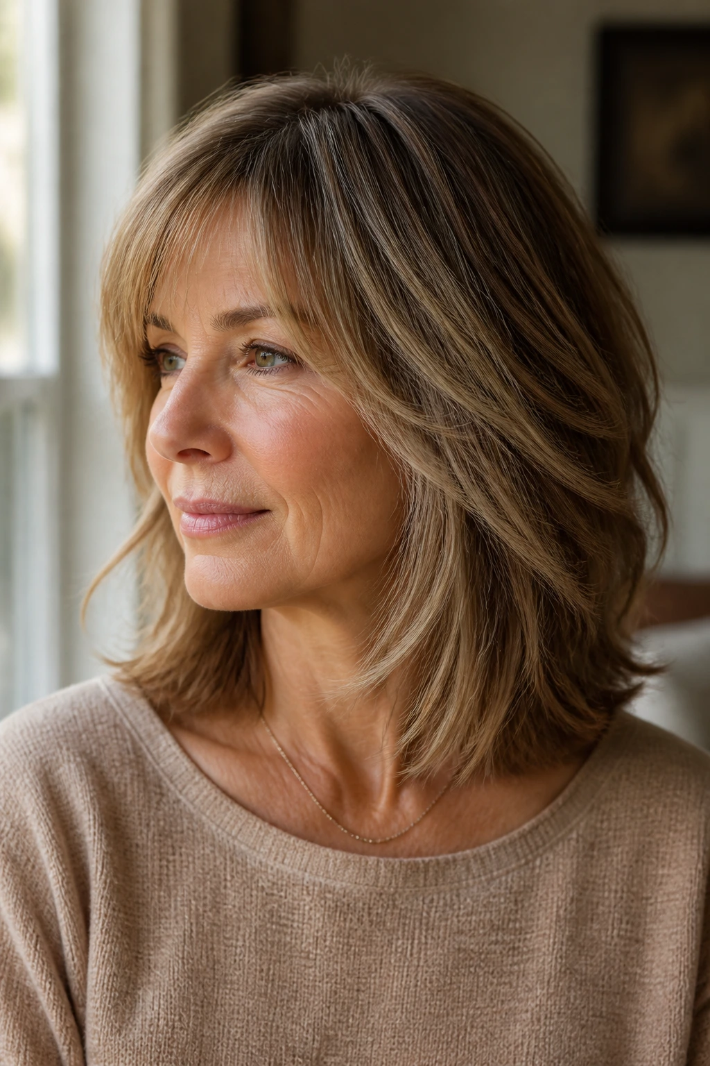 Close-up of a real woman with lob and soft bangs blending into layers