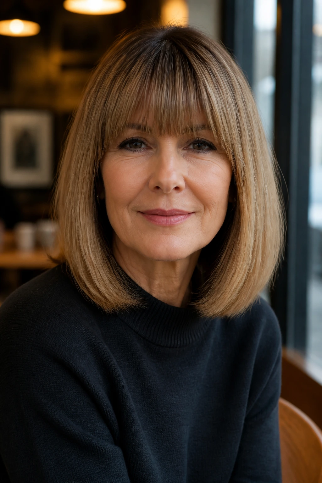 Close-up of a real woman with straight bangs and shoulder-length lob in cafe window light