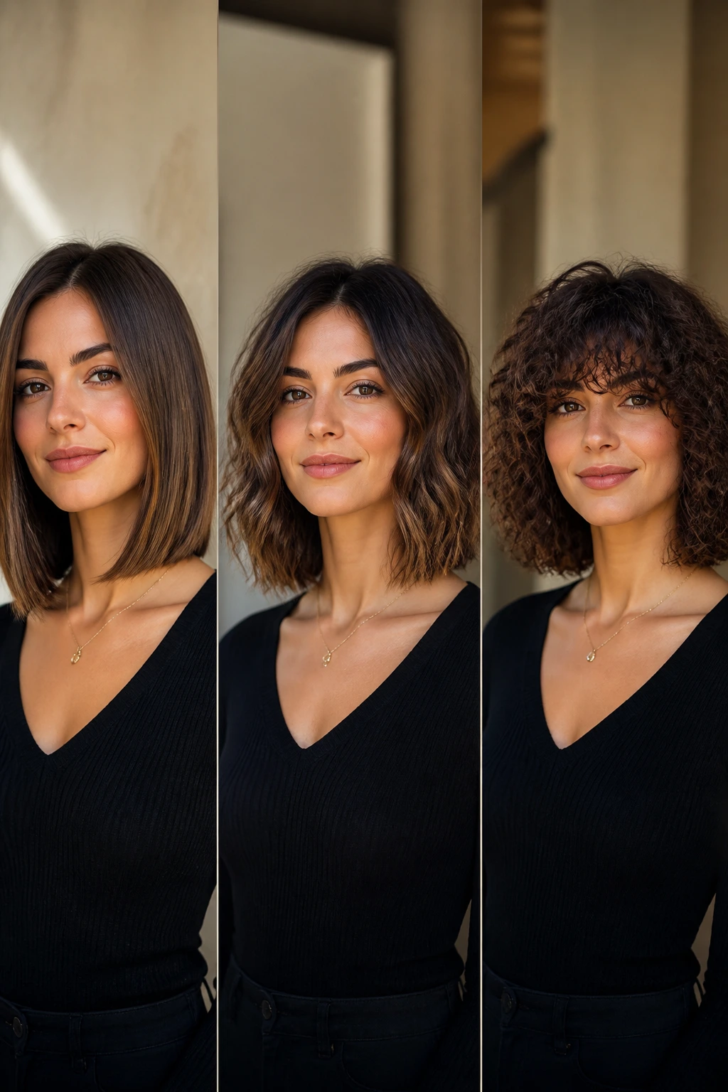 Triptych portrait showing straight, wavy, and curly lob looks on a real person