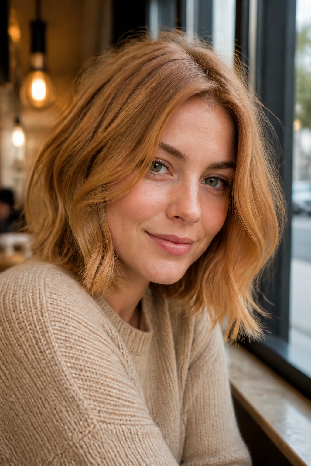 Portrait of woman with lob-length strawberry blonde hair.