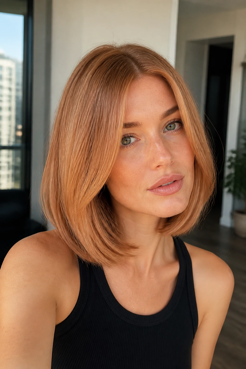 Portrait of a real woman with cinnamon sugar strawberry lob in natural light.