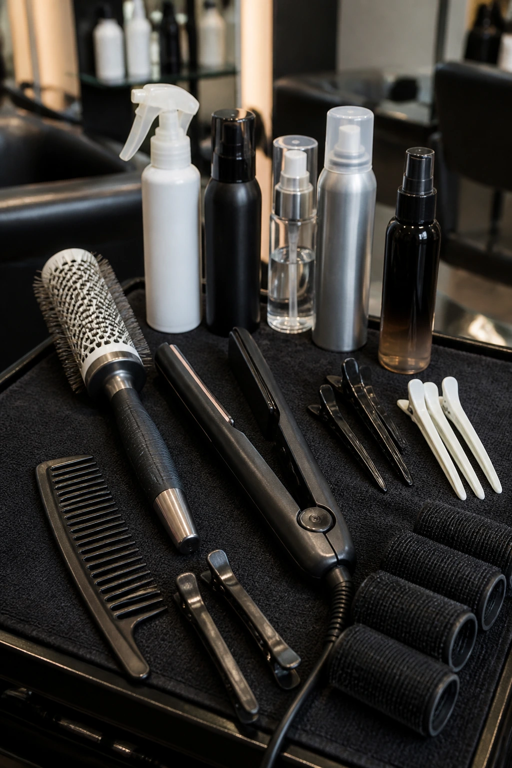 Close-up of essential hair styling tools for lobs on a salon station