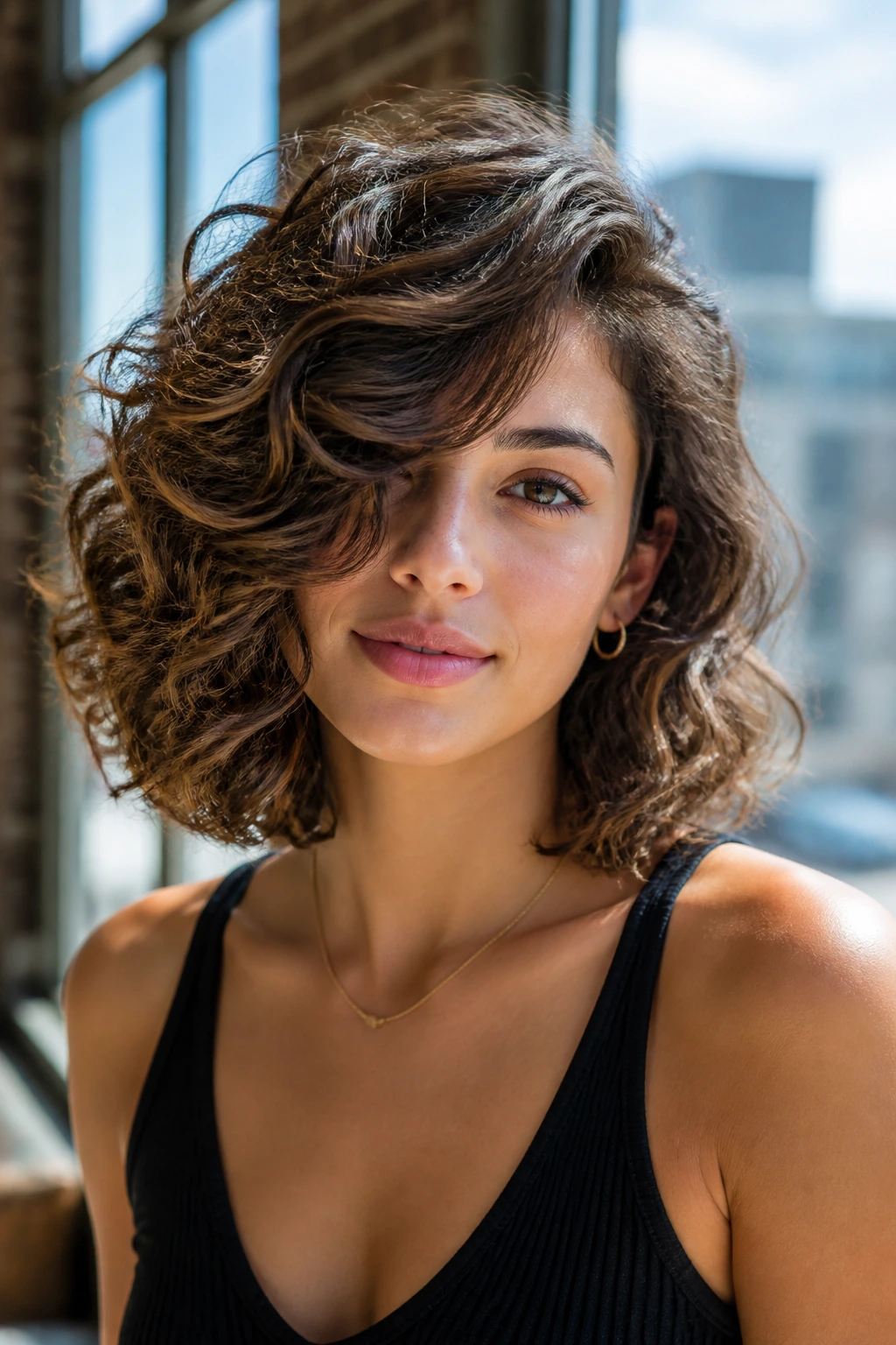 Real person with deep side-part lob and swooped fringe in natural light