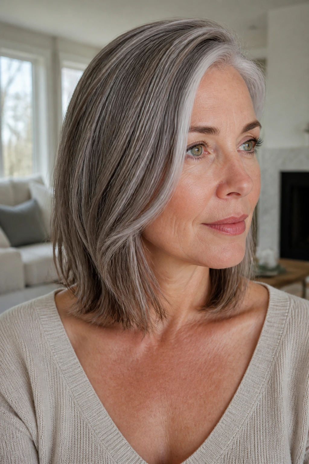 Close-up of collarbone-length lob with taupe lowlights.